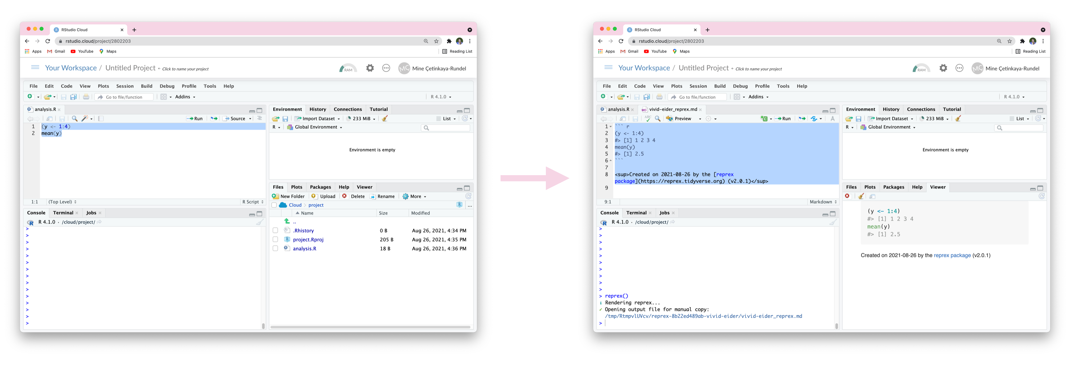 On the left: RStudio Cloud window with an R script with two lines of code highlighted. On the right: Result after running reprex() in the Console, including a new markdown file with the name vivid-eider_reprex.md that includes the code and the resulting output, commented out, and selected, ready to be copy pasted elsewhere. The viewer pane on the bottom right shows the stylized result of the reprex.