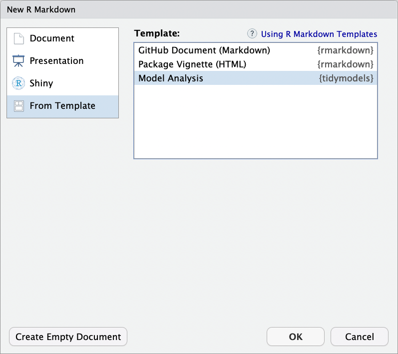 R Markdown template dialog box with three choices, including the tidymodels Model Analysis template