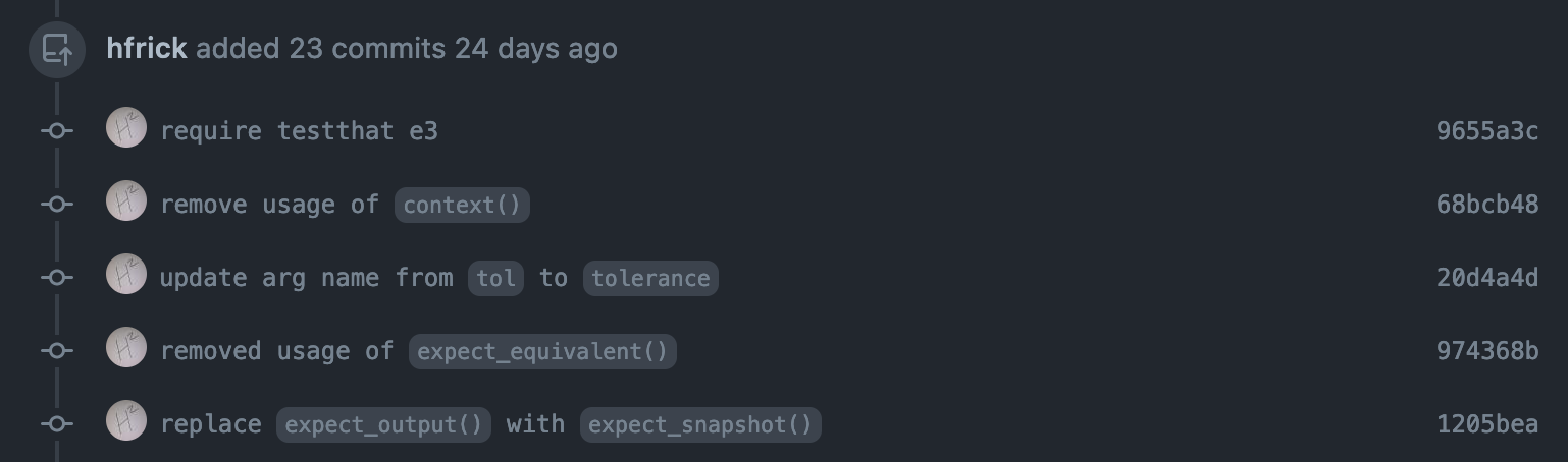 A list of commits starting with “require testthat 3e, followed by removing context() and other deprecated functions”