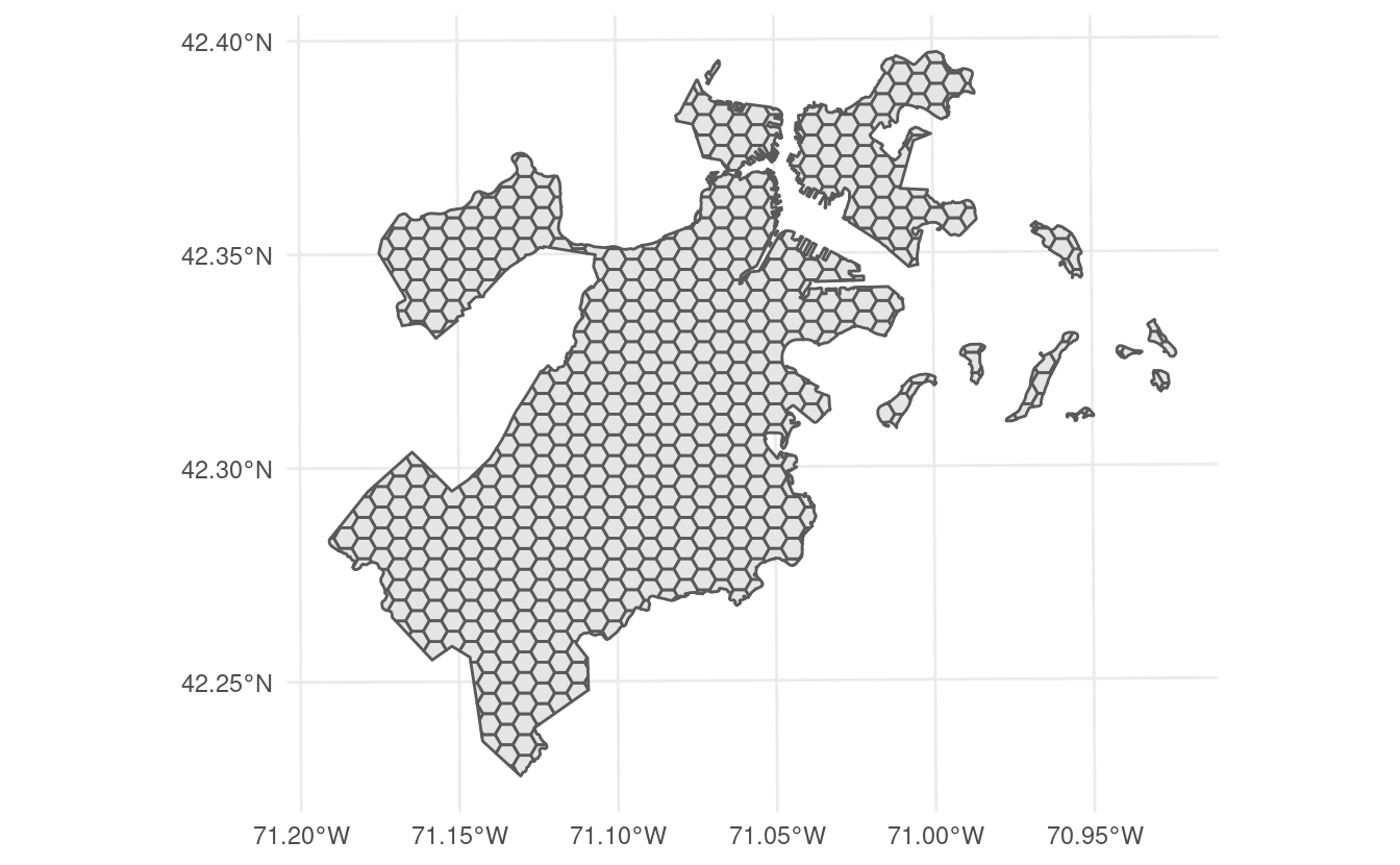A map showing the spatial arrangement of hexagons making up the boston_canopy data set.