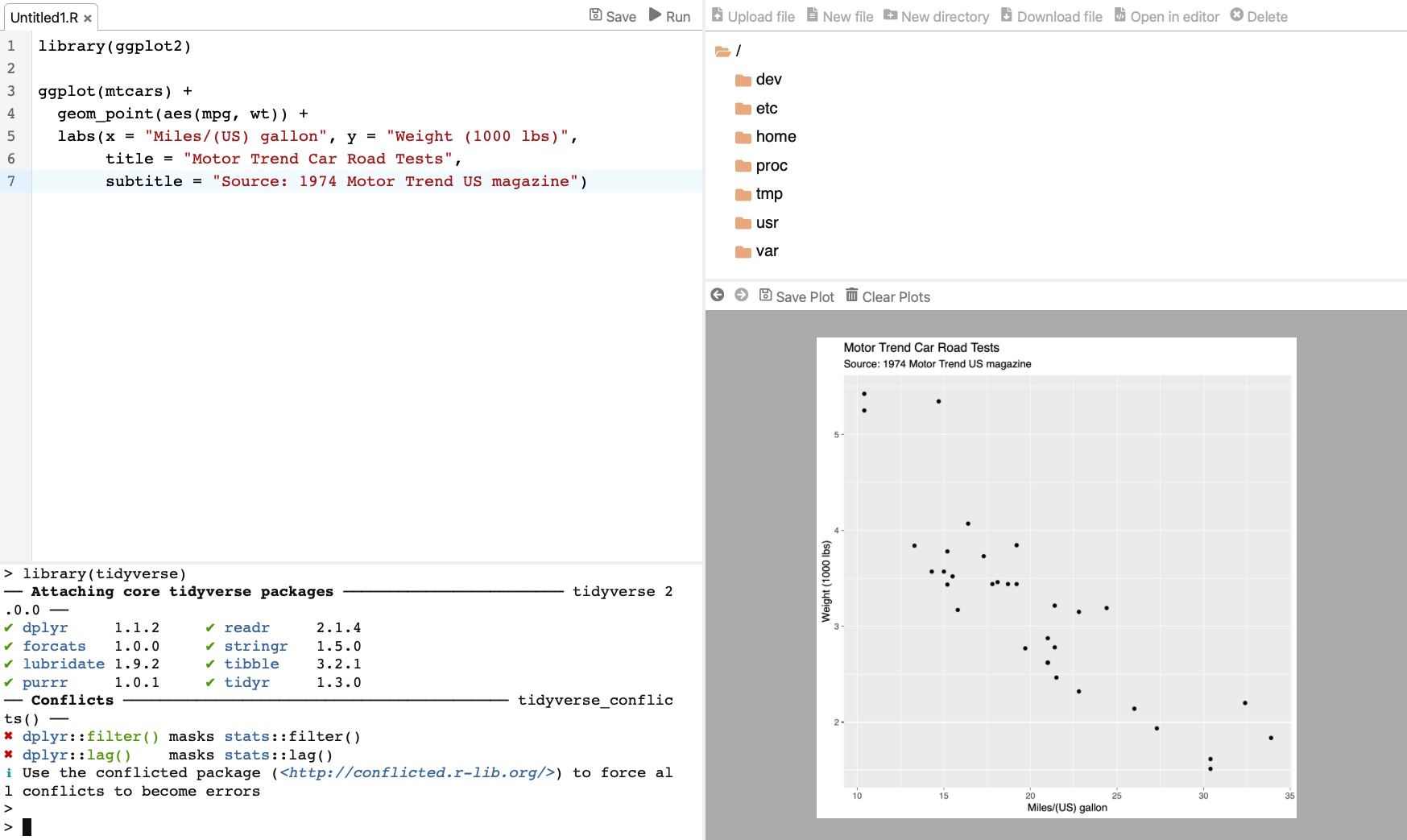 A screenshot the webR REPL app. The code to generate a ggplot, along with its output, is shown in the app.