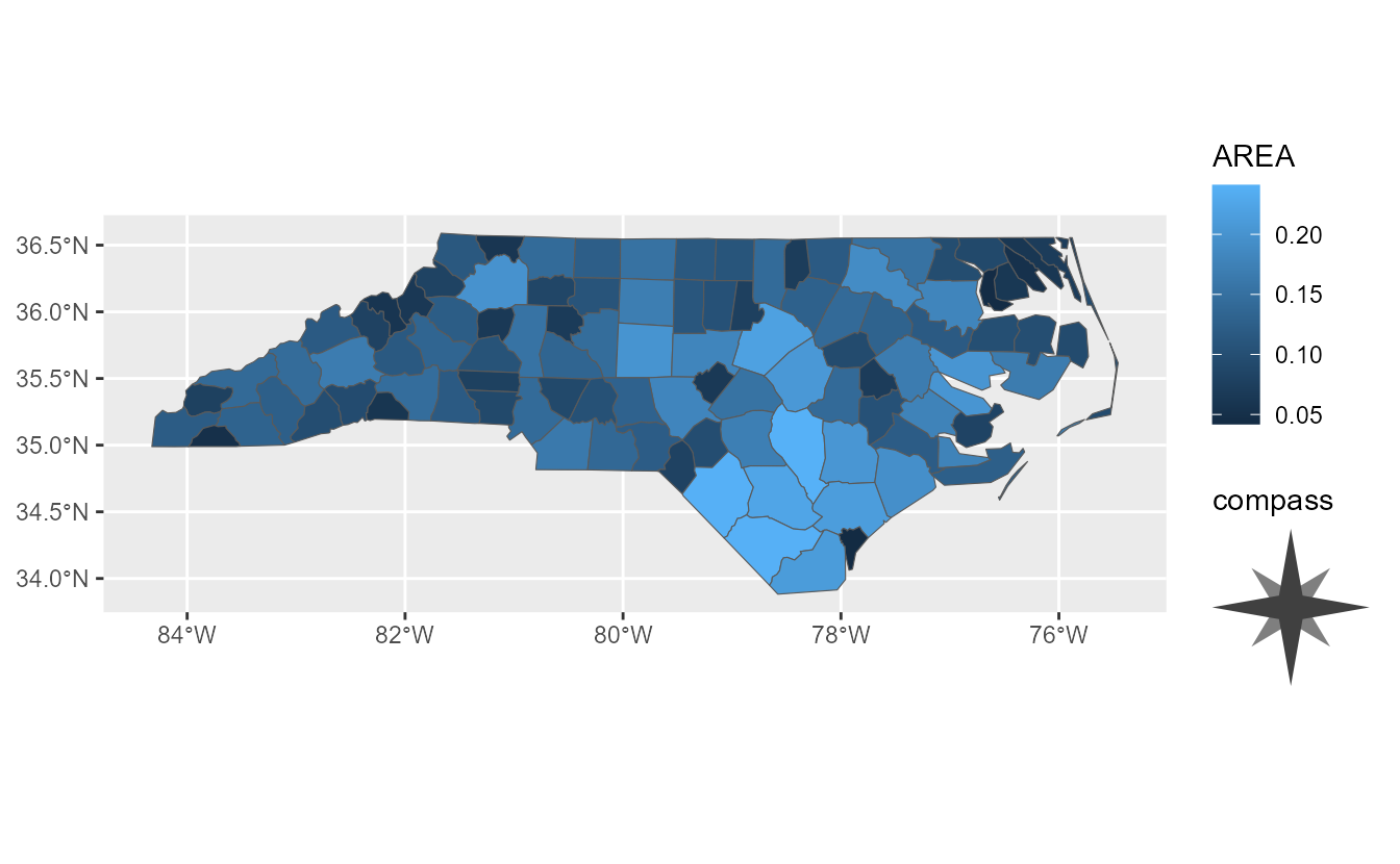 A map of the US state North Carolina, where fill colour indicates the area of counties. Underneath the colour bar for the fill, there is an eight-pointed star to the right of the panel with the title 'compass'.